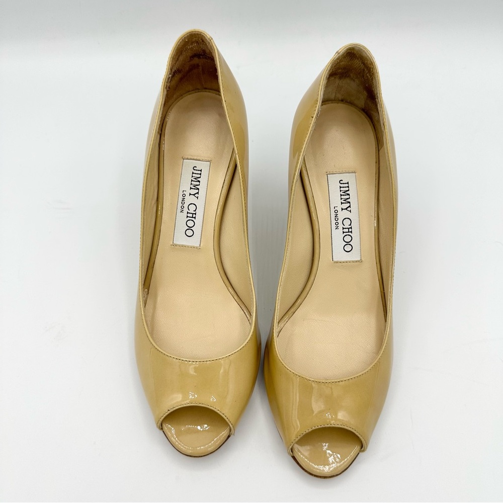 Jimmy Choo peep toe pumps tan patent leather medium heel - Picture 3 of 15